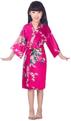 Honeystore Girls' Satin Silk Kimono Robe Peacock Children Spa Bathrobe Nightgown 10