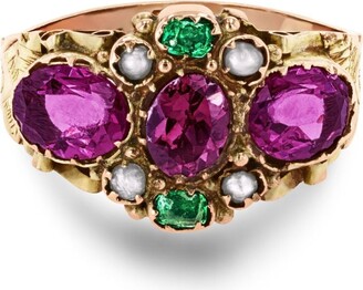 Pragnell Vintage 9kt Yellow Gold Garnet Emerald And Pearl Ring