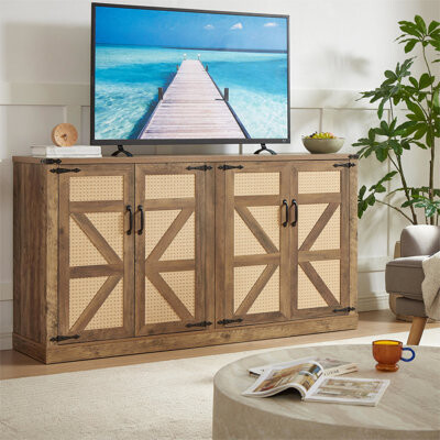 Rustic Oak Sideboard With Magnetic Door Hinge - Secure And Functional Storage 65-inch Construction Ideal For Home