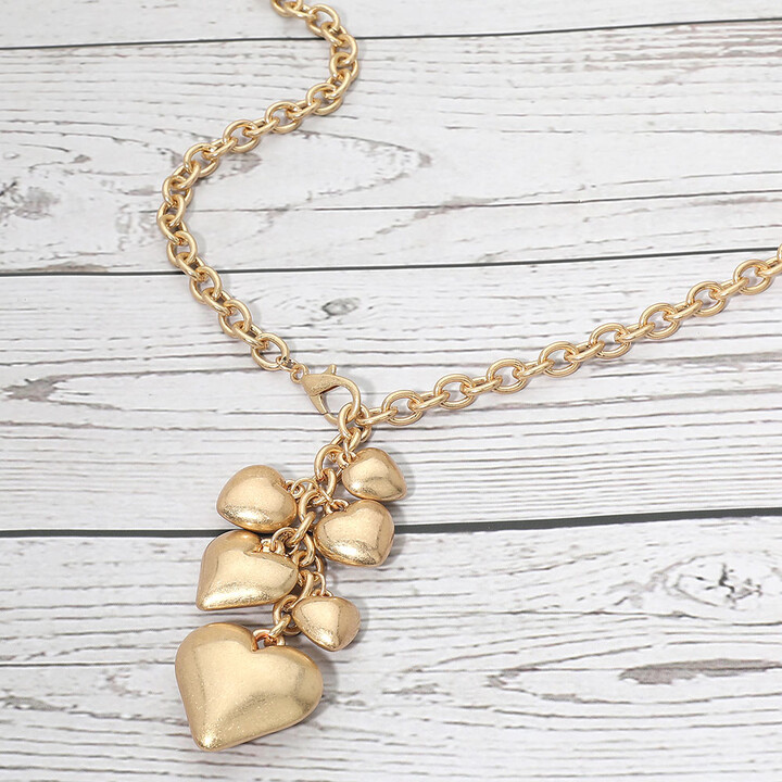 FASHNZFAB Chunky Puffy Heart Cluster Drop Chain Long Necklace
