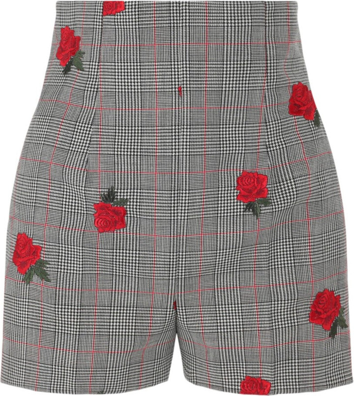 Versace Rose-Embroidered Check-Print Shorts