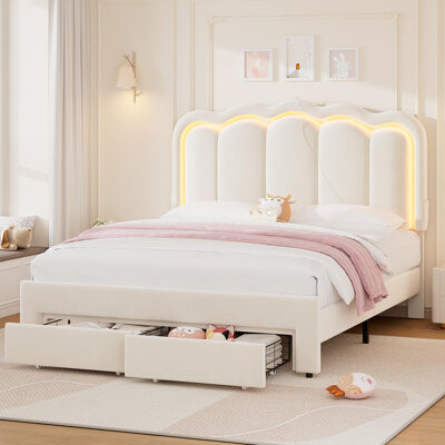 Upholstered LED Bed Frame with Storage Drawer
