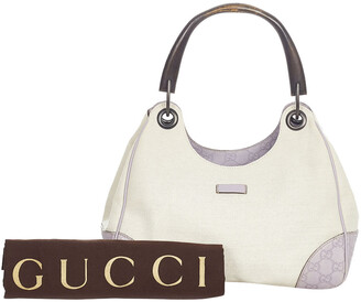 Gucci White Canvas Leather Bamboo Top Handle Bag
