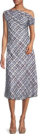 Plaid Print Asymmetrical Neck Sleeveless Midi Dress