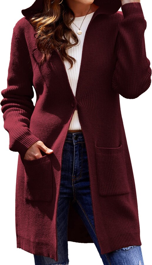 ELESOL Women Knit Cardigan Hooded Cardigan Sweaters Lightweight Sweater  Casual Long Cardigan Sweaters with Hood Wine Red M - ShopStyle