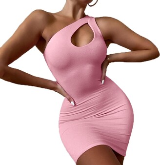 XIGUAK Womens Party Dresses Solid Color One Shoulder Hollow Out Bodycon Dress Summer Sleeveless Elegant Night Club Party Dresses Pink