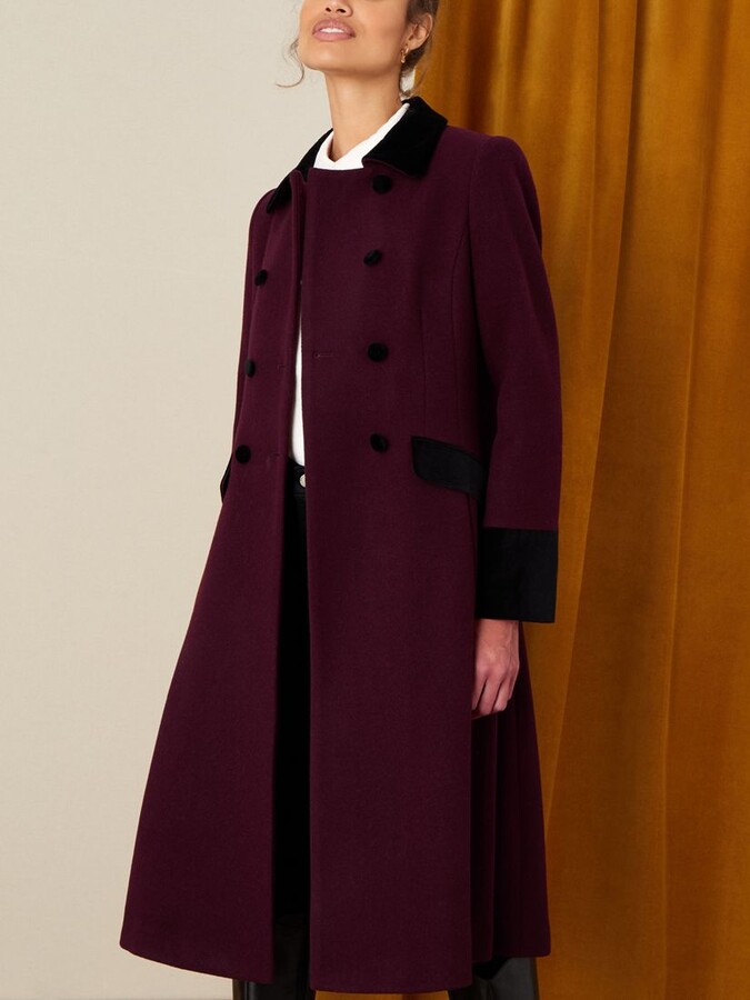 Monsoon Wool Blend Velvet Trim Tailored Coat, Berry ShopStyle