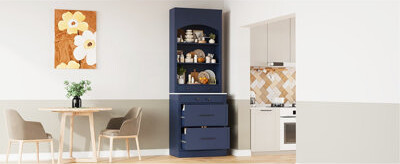 17 Stories Modern 83.7inch High Kitchen Pantry, Freestanding Tall Kitchen Hutch with Faux Marble Top, Display Cupboard Cabinet with 5 Storage Drawers and Adjusta