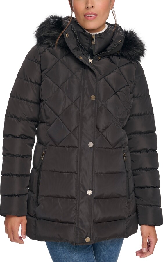 Topshop Petite padded coat with faux fur hood in black - ShopStyle