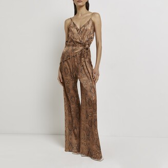 River Island Womens Brown snake print tie front jumpsuit - ShopStyle