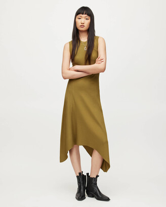 AllSaints Gia Asymmetrical Midi Dress - Olive Branch Green