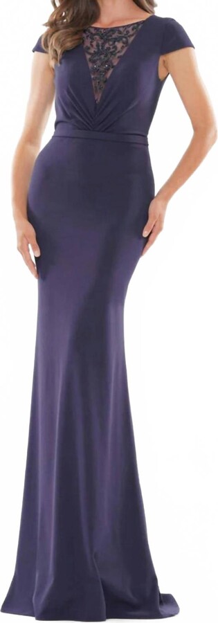 Colors Dress Cap Sleeve Beaded Illusion Gown In Navy