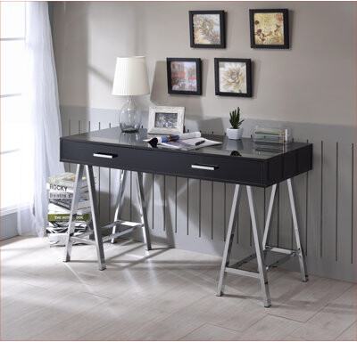 Inbox Zero Desks Modern Coleen Writing Desk with 2 Drawers Black High Gloss & Chrome Finish | BlackChrome | MetalSynthetic Wood