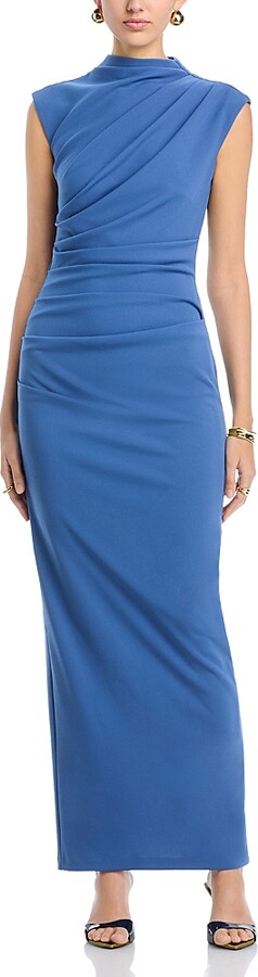 Aqua Betsy & Adam Long Scuba Crepe Ruched Mock Neck Dress
