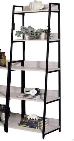 CAVINAS LLC CAVINASModern5-TierLeaningLadderBookshelfRectangularInclinedBookcasewithMetalFrameWoodenBookShelvesforBedroomStorageBlackNatural