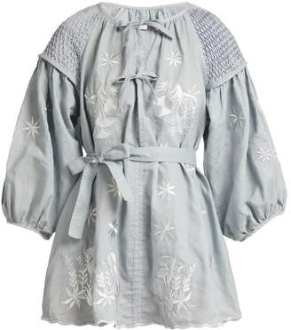 Innika Choo - Smocked Embroidered Linen Dress - Womens - Grey