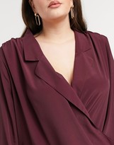Thumbnail for your product : ASOS Curve DESIGN Curve long sleeve wrap blouse with shoulder pad in wine