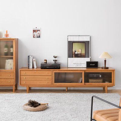 Hokku Designs North America Fas Grade Solid Cherry Wood Tv Cabinet With Chinese Changhong Glass Doors Two Drawer Storage Space Tv Standing