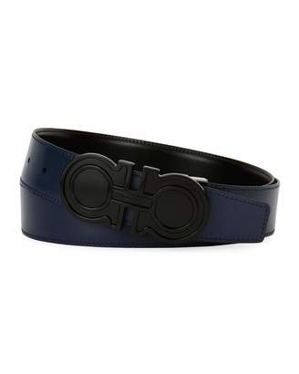 Ferragamo Futuristic Reversible Leather Gancini Belt, Black/Blue