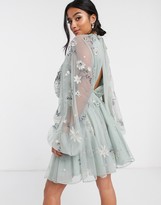 asos edition floral beaded mesh dress with balloon sleeve
