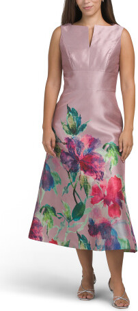 Marlene Floral Border Tea-length Dress for Women | Polyester