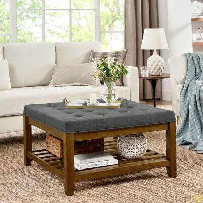 Lark Manor Upholstered Coffee Table Tufted Linen Large Square Ottoman With Beech Wood Shelf And Frame, Oversized Footrest Ottoman