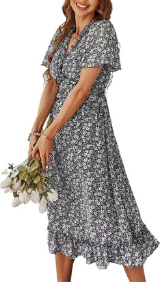 Women's Boho Dress Floral Printed Ruffle Deep V Neck Maxi Dress