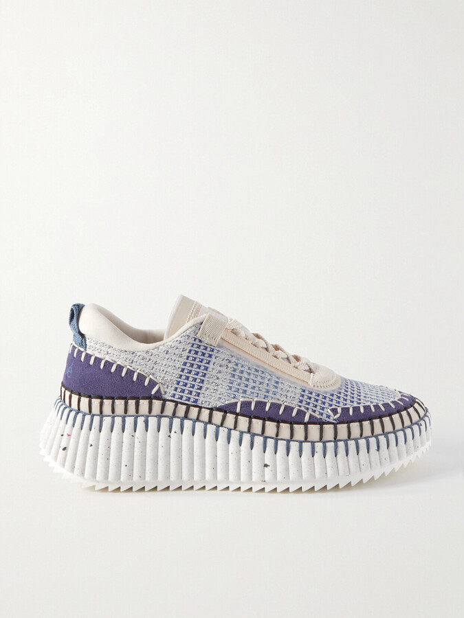 Chloé Nama Embroidered Suede And Recycled-mesh Sneakers - Blue