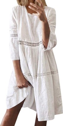 Your New Look Women's Plain Color 3/4 Sleeve Eyelet Boho Loose Fit Midi Dress Casual Crew Neck Bohemian Dress for Summer Daily Vacation Beach Blue