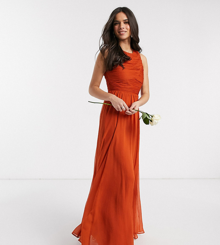 asos design bridesmaid pleated bodice maxi dress with flutter sleeve