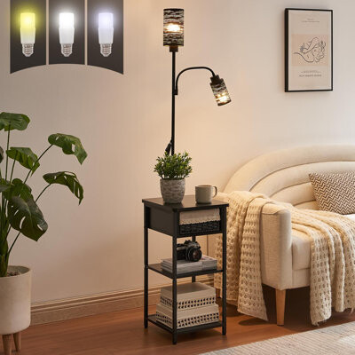 Floor Lamp With End Table, With Wicker Drawer And Storage Shelf,2 Bulbs Included