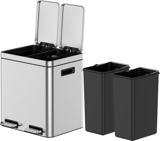 RONSHIN 2×4GalDualCompartmentTrashCan-StainlessSteelStepRecyclingBinwithSoft-CloseLids&RemovableBuckets