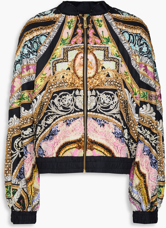 Embellished printed silk-twill bomber jacket