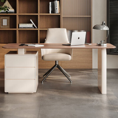 Groove Interior Nut-brown+Creamy-white Rectangular Manufactured Wood with 3 drawers desk