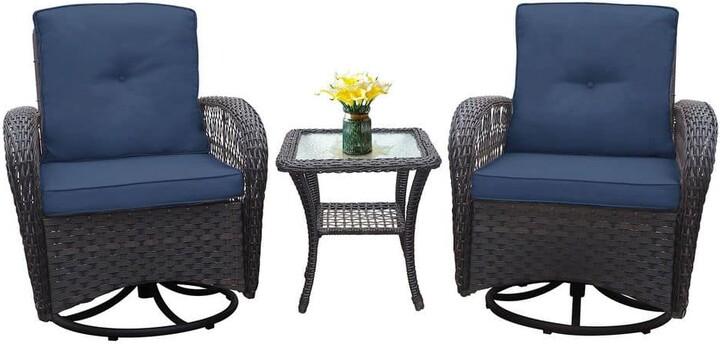 Tenleaf 3-Piece Wicker Patio Conversation Bistro Set, Swivel Rocking Chair with Glass Top Side Table and Navy Blue Cushions