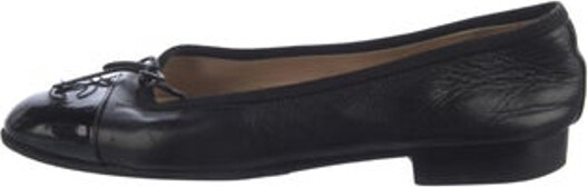 Chanel Lambskin Ballet Flats Black Interlocking CC Logo Patent Leather Trim Grosgrain & Bow Accents Semi-Pointed Toes Tie Closures Includes Dust Bag Designer
