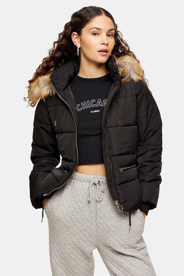 womens long black puffer coat with fur hood