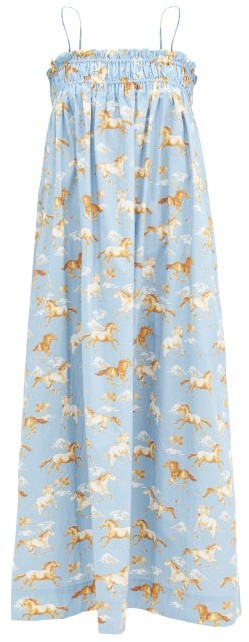 Ganni Shirred Horse-print Cotton Midi Dress - Blue Multi - ShopStyle