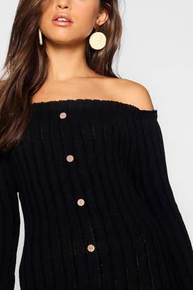 boohoo Off Shoulder Ruffle Button Rib Knitted Dress