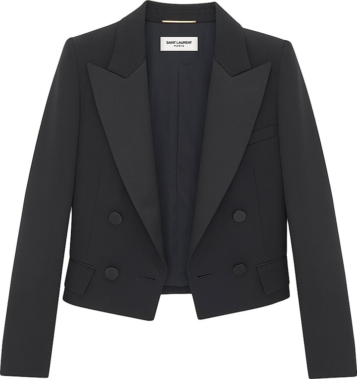 Saint Laurent Women's Cropped Tuxedo Blazer in Grain De Poudre - Black - Size 2