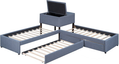 Hokku Designs Twin L-Shaped Upholstered Platform Bed with Trundle Two Drawers & Built-In Desk Gray Fabric Finish