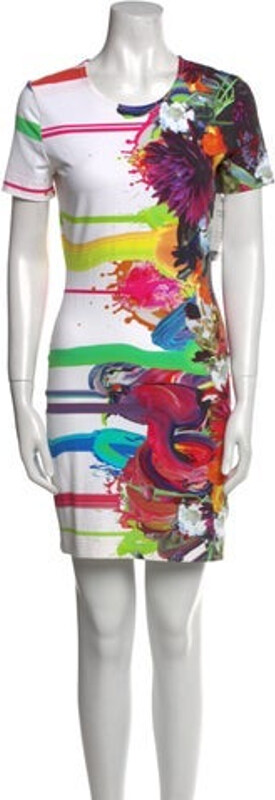 Preen by Thornton Bregazzi Shift Dress White Printed Short Sleeve with Crew Neck Designer