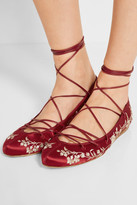 Thumbnail for your product : Etro Lace-up Embroidered Satin Ballet Flats - Claret