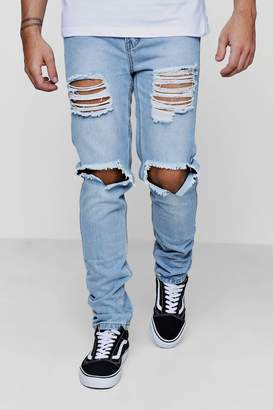 Skinny Fit Vintage Wash Rigid Jeans with Open Rips