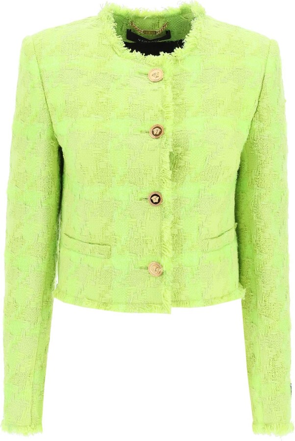 Chartreuse Green Wool Tweed Long Collarless Coat