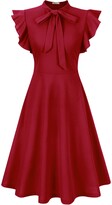 Thumbnail for your product : Moyabo Women's Tie Neck Sleeveless Dresses Ruffle Hem Vintage A Line Swing Casual Cocktail Party Work Dresses Burgundy L