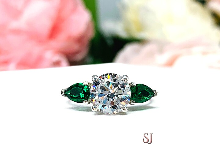 Etsy Round Cz & Lab Emerald 3-Stone Ring - 8mm Center, Pear Sides, Sterling Silver
