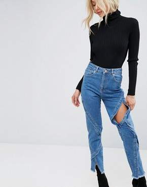 ASOS Design FARLEIGH High Waist Slim Mom Jeans With Spliced Poppers