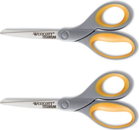Westcott WestcottTitaniumBondedScissors,8"Long,3.5"CutLength,Gray/YellowStraightHandles,2/Pack