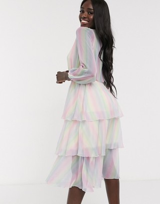 Outrageous Fortune plunge front tiered midi dress in pastel rainbow stripe